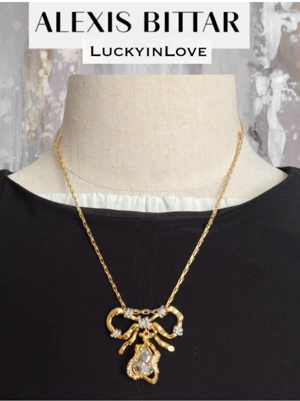 ALEXIS BITTAR • Brut Gold Bow Love Knot CZ Necklace